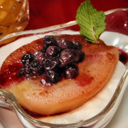 Baked Pear in a glass dish in the shape of a pear